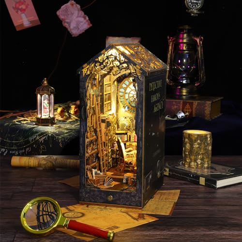 DIY Book Nook Kit Wooden Detective Agency Miniature Dollhouse Kit, Creative Bookshelf Insert Decor with Sensor LED Light, Bookend Building Hobbies 3D