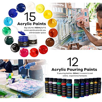 VISWIN Deluxe Acrylic Paint Set, Artist Painting Set with French Easel, 15-100ML(3.38 oz) Acrylic Paints, 12-60ML(2 oz)Pouring Paints, Premium - WoodArtSupply