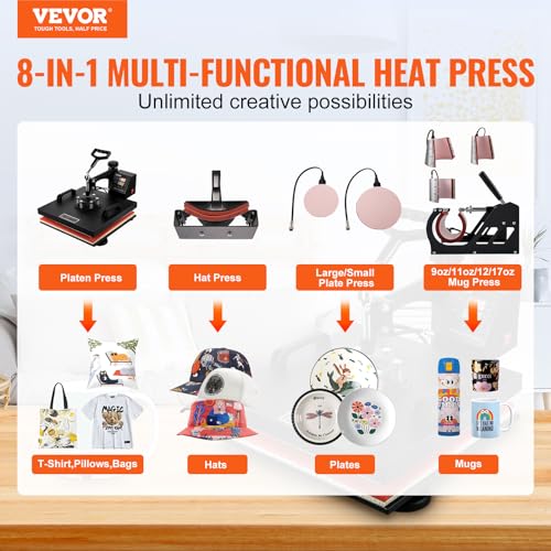 VEVOR Heat Press 15x15 Inch, 8 in 1 Heat Press Machine, 360° Swing Away Tshirt Press Machine Digital Control, Multifunctional Clamshell Heat Transfer