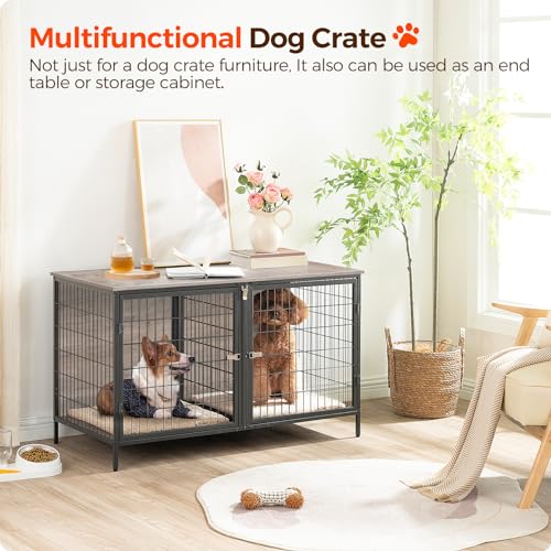 MAHANCRIS Dog Crate Furniture for 2 Dogs, 43.3" Dog Kennel with Removable Divider, Heavy Duty Wooden Dog Kennel for Small Medium Dog, Indoor Dog Cage - WoodArtSupply