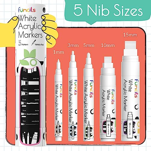 Funcils 5 Acrylic White Paint Pens - Fine & Jumbo Size Ink Pens (1mm, 3mm, 6mm, 10mm, 15mm) - Permanent White Marker Ink for Rock Painting, Fabric, Funcils