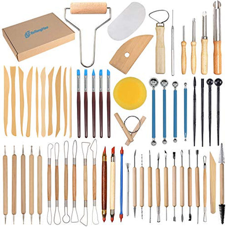 EuTengHao 61Pcs Ceramic Clay Tools Kit Pottery Tools Clay Sculpting Shapers Carving Tool Set Contains Most Essential Wooden Clay Tools for Potters EuTengHao