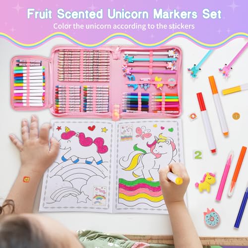  Fruit Scented Markers Set of 73 Pcs with Glitter Unicorn Pencil  Case, Art Supplies for Kids 4-6-8, Perfect Unicorns Gifts for Girls or Arts  and Craft Coloring Set, with Coloring Book