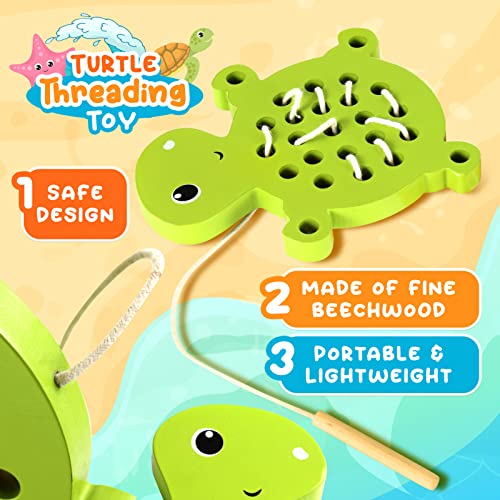 KLT Wooden Lacing Threading Toys for Toddlers Fine Motor Skills, 1 Turtle 1 Starfish Car Airplane Toddler Travel Toys, Wood Puzzle Educational Gifts KLT