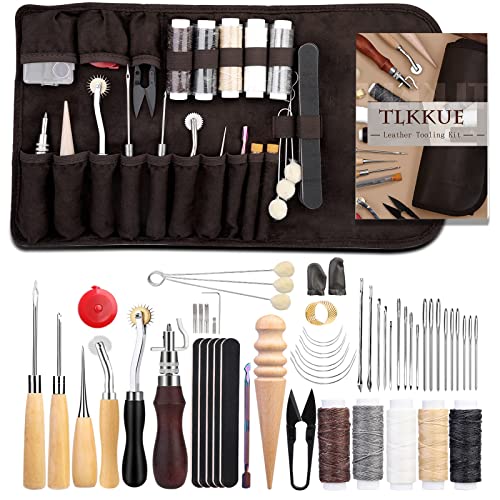 TLKKUE Leather Working Tools Leather Sewing Kit Leather Craft Tools with Storage Bag, Groover, Stitch Wheel, Waxed Threads, Awl, Needles, Manual, - WoodArtSupply