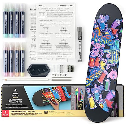 ARTEZA Customizable Skateboard Deck Art Kit – 31"x8" Matte Coated Maple Deck with Display Mount, Chrome Marker, White Pencil, Oil-Based Paint Markers - WoodArtSupply