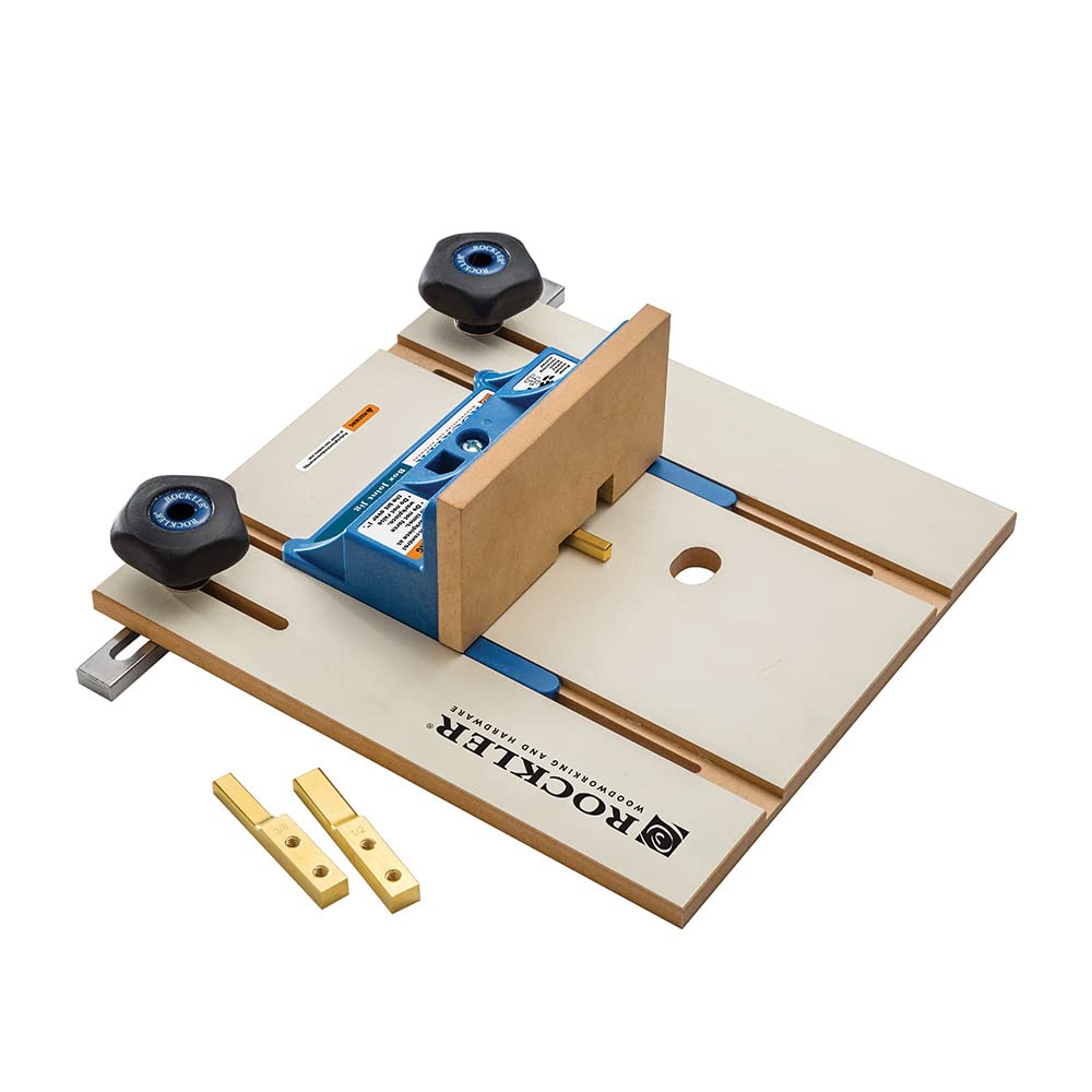 Rockler Wood Router Table Box Joint Jig – Miter Box with Comfortable Ergonomic Knobs – Router Jig Includes Solid Brass Indexing Keys of Three Finger ROCKLER