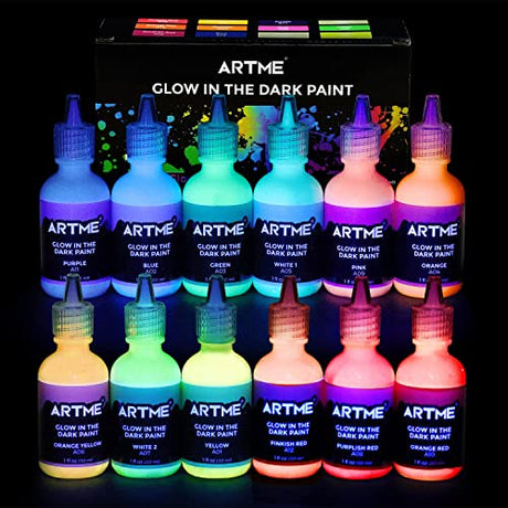 ARTME Glow in The Dark Paint, Glow Paint Set of 12 Bright Colors 30ml/1oz, Acrylic Glow in The Dark Paint Perfect for Art Painting, DIY projects, Artme