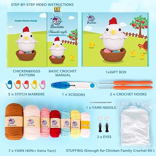Crochetta Crochet Kit for Beginners, Crochet Starter Kit with Step-by-Step Video Tutorials, Crochet DIY Knitting Supplies for Adults Kids, Cute Hen Crochetta