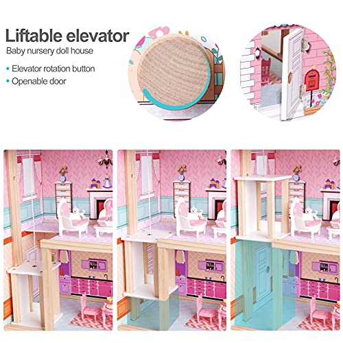 ROBOTIME Wooden Dollhouse, Doll Houses with 24 Pieces Furniture for 4, 5, 6-Inch Dolls, Dollhouse Gift for 3+ Year Old Girls (Pink) ROBOTIME