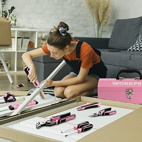 WORKPRO 75-Piece Pink Tools Set, 3.7V Rotatable Cordless Screwdriver and Household Tool Kit, Basic Tool Set with 13'' Portable Steel Tool Box for