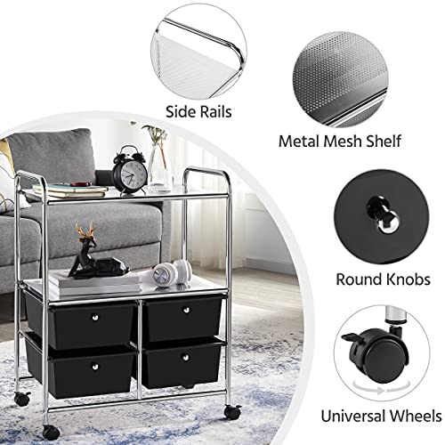 Yaheetech Rolling Storage Cart with 4 Drawers 2 Shelves Plastic Trolley on Wheels for Home Office School Beauty Salon, Black Yaheetech
