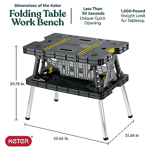 Keter Portable Folding Work Table Tool Storage Stand Workbench with 12 Inch Wood Clamps for Saws, Home Improvement, and Construction - WoodArtSupply