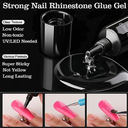 Rhinestones for Nails, Manicure Kit with Nail Rhinestone Glue Gel, Multi Size Flat Back Glass Crystal AB + Mixed Color Iridescent Gemstones & Gem