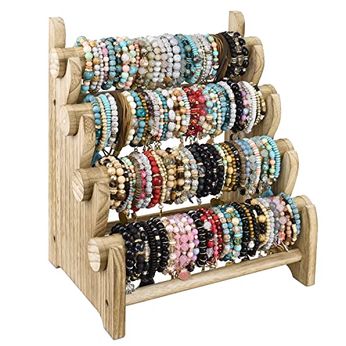 Ikee Design Antique Wooden 4 Tier Jewelry Bracelet Display Stand Bangle Scrunchie Organizer Holder for Store, Showcase and Home Storage, 12 W x 9 D x