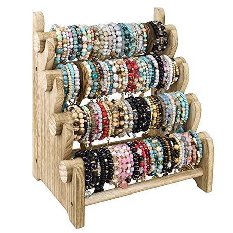 Ikee Design Antique Wooden 4 Tier Jewelry Bracelet Display Stand Bangle Scrunchie Organizer Holder for Store, Showcase and Home Storage, 12 W x 9 D x Ikee Design