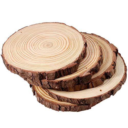 JEUIHAU 10 PCS 6.7-7 Inches Natural Wood Slices with Holes, Unfinished Predrilled Wooden Circles Tree Bark Slice, Blank Wooden Log Circles for DIY