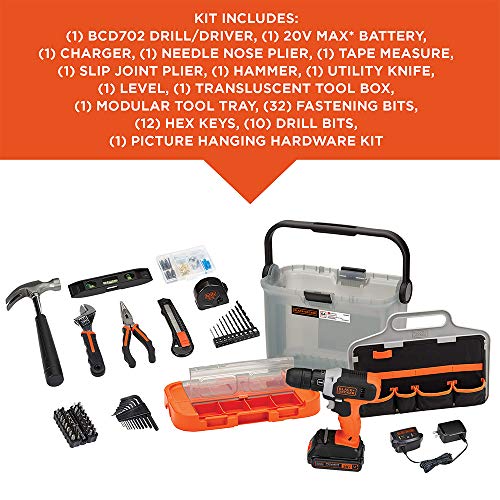 BLACK+DECKER 20V MAX Drill with Home Tool Kit, 66-Piece (BCKSB62C1) - WoodArtSupply