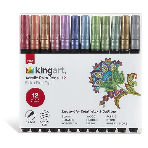 KINGART 453-12A PRO Metallic 12 Ct. Extra Fine Paint Pens, 0.7mm Tip, 12 Acrylic Paint Colors incl. Gold, Silver, Low-Odor Water-Based Quick Drying - WoodArtSupply