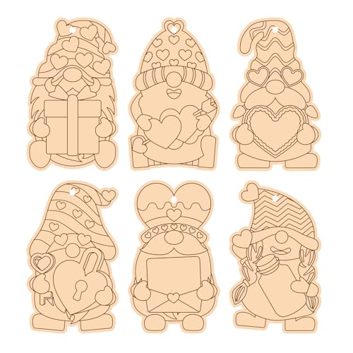 48 Pieces Valentines Wooden Gnome Craft Kits Unfinished Wood Gnome Cutout Slices Ornament Blanks Hanging for Valentine's Day Dwarf Kids DIY Craft