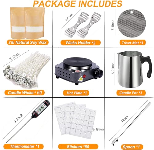 BBAXI Candle Making Kit with Electronic Hot Plate,Candle Wax Melter for Melting Wax,Including cadle Pot, Wax Melter hot Plate,2lb Soy Wax,Stain BBAXI