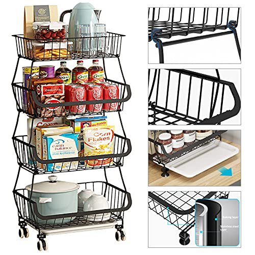 KOLENSA Metal Wire Baskets with Wheels, Stackable Storage Bins Kitchen Organizer Shelf 3-4-5-6 Tier Fruit Vegetable Cart Dishes Seasonal Rack Shelves KOLENSA