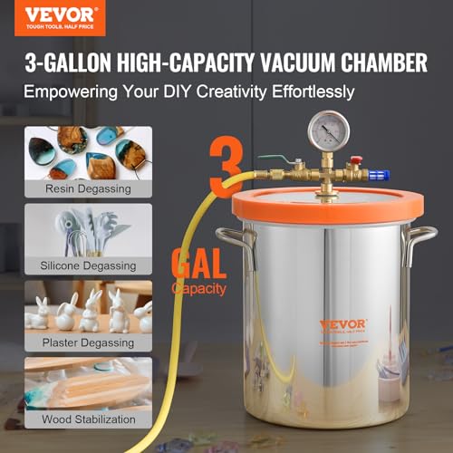VEVOR 3 Gallon Vacuum Chamber, Upgraded Tempered Glass Lid Vacuum Degassing Chamber, 304 Stainless Steel Chamber, for Stabilizing Wood, Resin