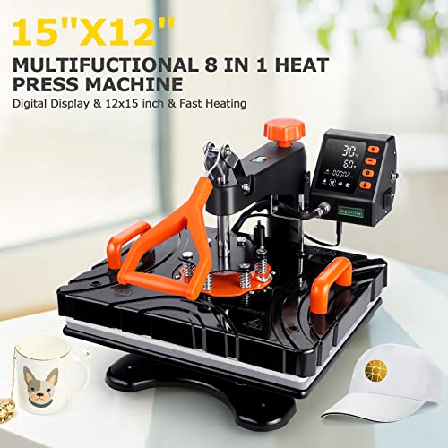 DREAMVAN Upgrade Heat Press Machine 8 in 1, 12" x 15" Swing Away Heat Transfer Machine, Digital Sublimation Heat Press for T Shirts Caps Hats Mugs - WoodArtSupply