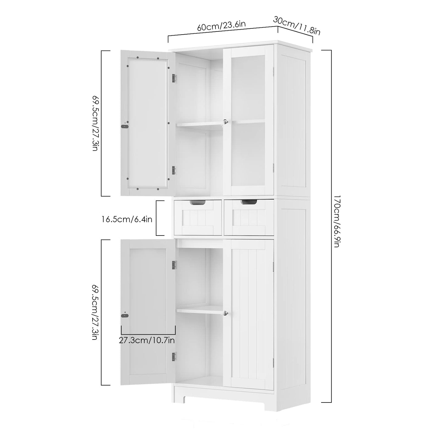 HORSTORS 67" Tall Storage Cabinet, Freestanding Pantry Cabinet with Glass Door and Shelves, Linen Bathroom Cabinet with 2 Drawers for Living Room, - WoodArtSupply