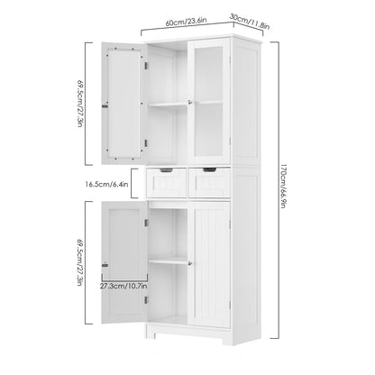 HORSTORS 67" Tall Storage Cabinet, Freestanding Pantry Cabinet with Glass Door and Shelves, Linen Bathroom Cabinet with 2 Drawers for Living Room, - WoodArtSupply