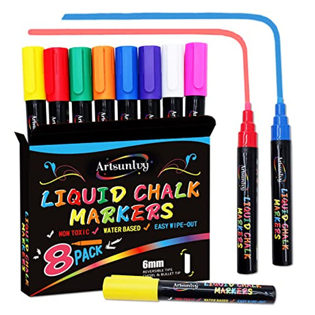 Artsunlvy 8 Colors Chalk Markers,Erasable, Non-Toxic, Water-Based, Reversible Tips, Chalkboard Markers for Kids,Adults,Signs, Windows, Blackboard,Dry Artsunlvy