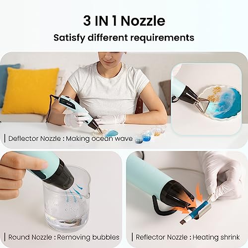 Resiners Heat Gun for Crafts, Mini Dual Temp Hot Air Gun Tool for Epoxy Resin, 3 Nozzles, 350W 662℉ (350℃) Fast Heat, Bubble Remove,DIY Glitter Resiners