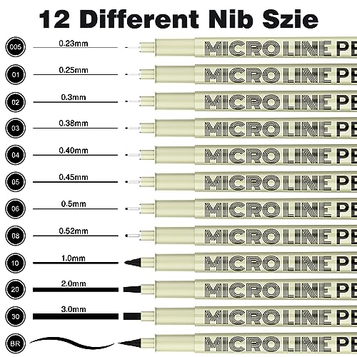 Micro-Pen Fineliner Ink Pens, 12 Pack Black Micro Fine Point Drawing Pens Waterproof Archival Ink Multiliner Pens for Artist Illustration, Sketching,