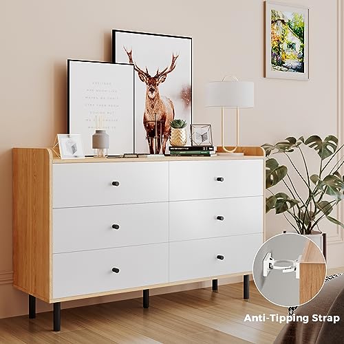 MAISONPEX Dresser for Bedroom with 6 Drawers and Metal Handle,Sturdy Frame Modern Bedroom Furniture, Chest of Drawers, White Dressers with Drawers MAISONPEX
