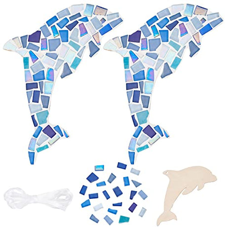 WEBEEDY Make 2 Dolphin Glass Mosaic Kit Creativity DIY Mosaic Glass Kit for Kids Adults Include Glass Mosaic Tiles, Wooden Chips, Ribbon WEBEEDY