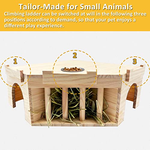 Hamiledyi Guinea Pig Castle Natural Wooden Rabbit House with Ladder and Hay Feeder Chinchilla Multi Chamber Hideaway Small Animal Hideout House for Hamiledyi