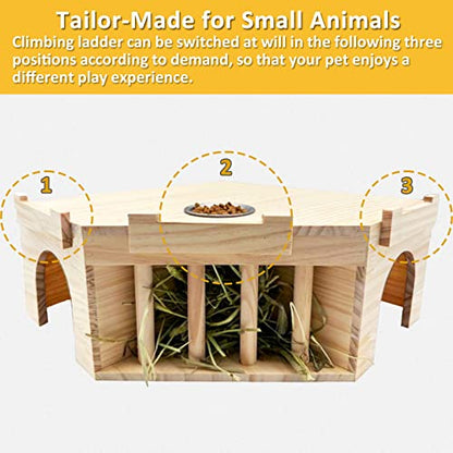 Hamiledyi Guinea Pig Castle Natural Wooden Rabbit House with Ladder and Hay Feeder Chinchilla Multi Chamber Hideaway Small Animal Hideout House for - WoodArtSupply