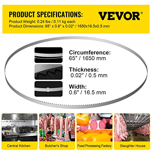 VEVOR Band Saw Blade, 65x0.6x0.02 inch, 5 PCS/Pack Meat Bandsaw Blades for Replacement, 65Mn Carbon Steel Blade, 3 TPI Meat Cutting Blade Wrapped by VEVOR