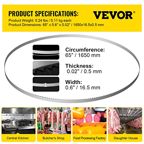 VEVOR Band Saw Blade, 65x0.6x0.02 inch, 5 PCS/Pack Meat Bandsaw Blades for Replacement, 65Mn Carbon Steel Blade, 3 TPI Meat Cutting Blade Wrapped by