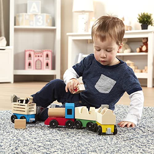 Melissa & Doug Wooden Farm Train Set - Classic Wooden Toy (3 linking cars) - WoodArtSupply