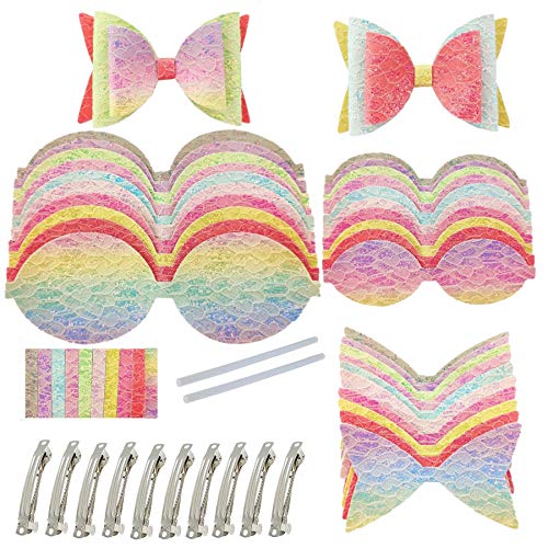 AOUXSEEM 10 Set Faux Leather Hair Bows DIY Making Kit for Beginner, Contains Pre Cut Pastel Lace Chunky Glitter Fabric and Silver Metal Spring Clips, AOUXSEEM
