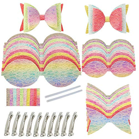 AOUXSEEM 10 Set Faux Leather Hair Bows DIY Making Kit for Beginner, Contains Pre Cut Pastel Lace Chunky Glitter Fabric and Silver Metal Spring Clips, AOUXSEEM