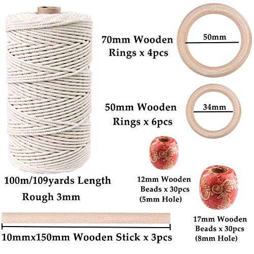 120pcs Macrame Kits for Beginners 3mm x 109yards Natural Cotton Macrame Cord with Wooden Beads & Rings,Wooden Sticks,Metal Rings Macrame Supplies - WoodArtSupply