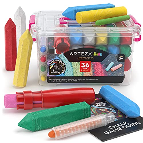 Arteza Kids Sidewalk Chalk, Set of 36 Pieces, Easy-to-Hold Handmade Washable Chalk with a Game Guide, Art Supplies for Outdoors, Spring and Summer Arteza Kids