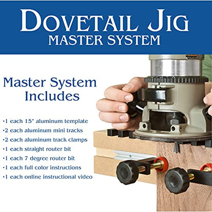 Peachtree Dovetail Jig Master System with Two Anodized Aluminum Tracks | Two Track Clamps | One Flush Trim Router Bit | One Dovetail Router Bit and