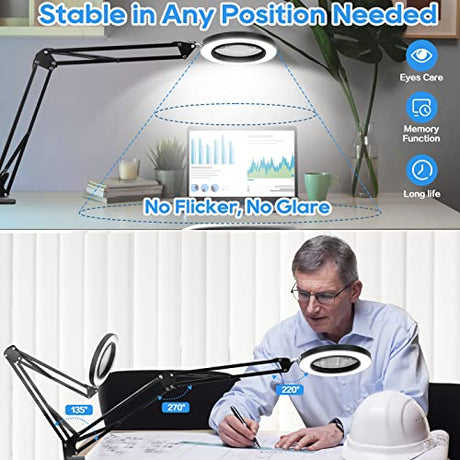 10X Magnifying Glass Lamp, Adjustable Swing Arm 72 LEDs Real Glass Lens Magnifier Light,3 Color Modes 10 Stepless Dimmable,Perfect for Daily Baoomalongly