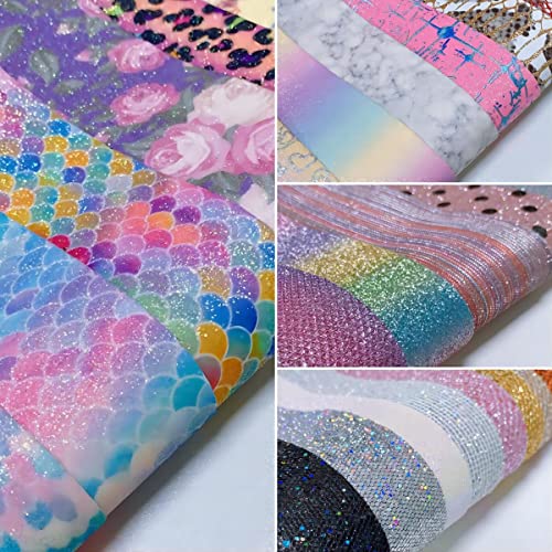 Shalun 50pcs A4 Random Printed Fine Glitter Faux Leather Sheets 8x12inch Shiny Rainbow Mermaid Flower Butterfly Pattern PU Canvas Fabric for Cricut Craft Keychains Bows Earrings Sewing Starter