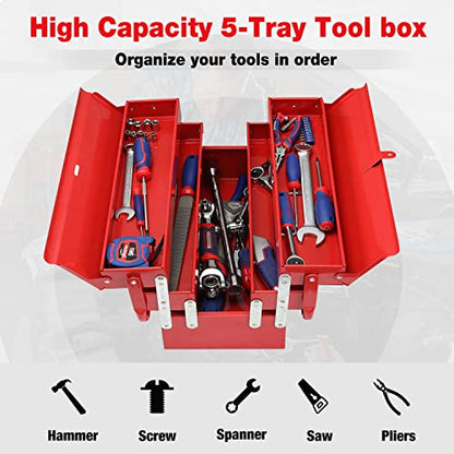 WORKPRO Metal Tool Box, 18-inch Cantilever Folding Red Storage Box, 3-Layer 5-Tray Multi-Function Tool Organizer, Red