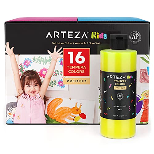 Arteza Kids Tempera Paint, Set of 16 Colors, 13.5 fl oz, Nontoxic Poster Paint, Art Supplies for Finger Painting, School Projects, and Crafting - WoodArtSupply