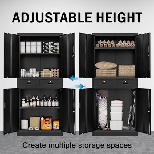 Metal Storage Cabinet，71" Garage Storage Cabinet with 2 Locking Drawer and 4 Adjustable Shelves ，Black Tool Cabinet，Lockable File Steel Cabinet for TaskStorz